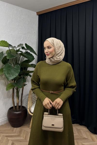 A Kesim Triko Elbise Haki