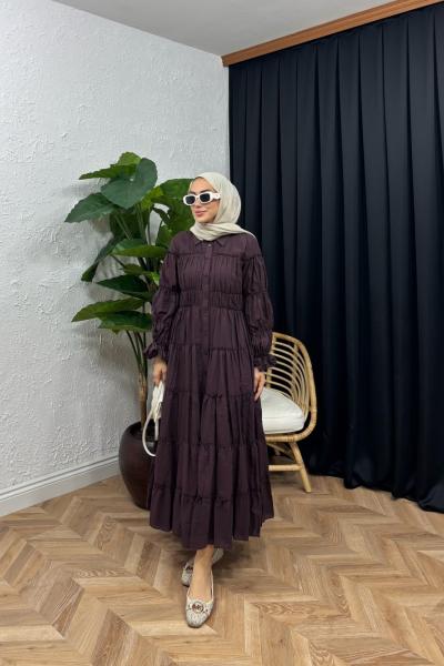 Ala Kat Kat Müslin Elbise  Mürdüm