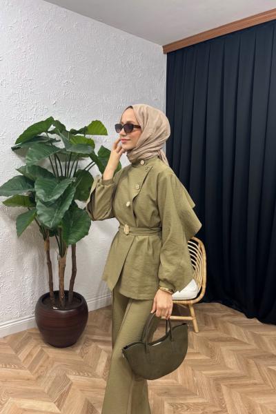 Alya Düğmeli Pantolon Takım Yağ Yeşili