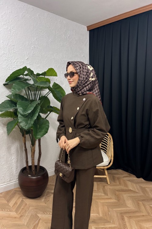 Alya Düğmeli Pantolon Takım Kahverengi