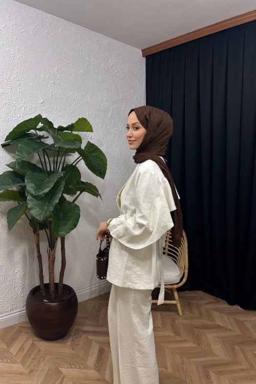 Alya Düğmeli Pantolon Takım Ekru