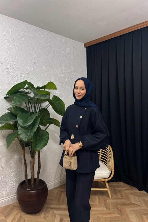 Alya Düğmeli Pantolon Takım Lacivert