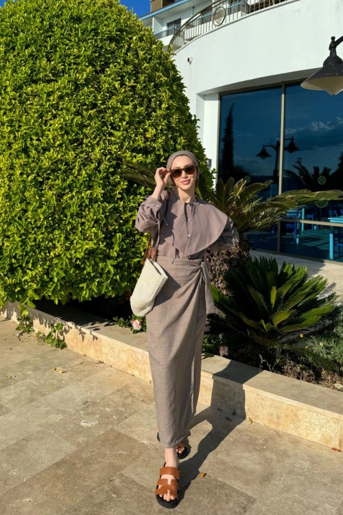 Anvelop Bağlamalı Etek Vizon