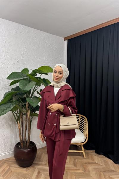 Belis Düğme Detaylı Scuba Takım Bordo