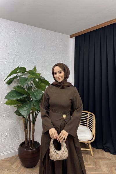 Bellezza Broş Detaylı Elbise Kahverengi