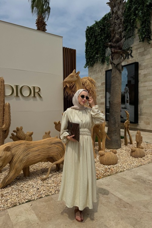 Bellina Bel Lastikli Elbise Naturel