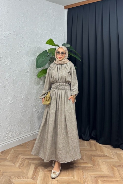 Bellina Bel Lastikli Elbise Kahverengi