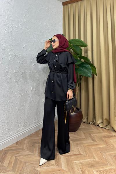 Brit Saten Pelerin Takım Siyah