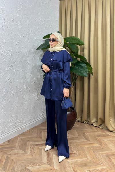 Brit Saten Pelerin Takım  Lacivert