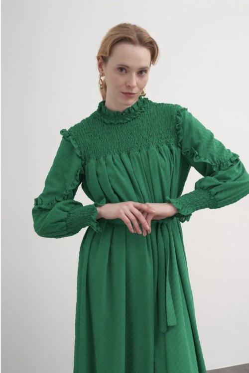 Brode Gipe Detaylı Elbise  Yeşil