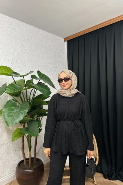 Bürümcük Örme Pantolon Takım Siyah