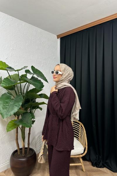 Bürümcük  Örme Pantolon Takım Mürdüm