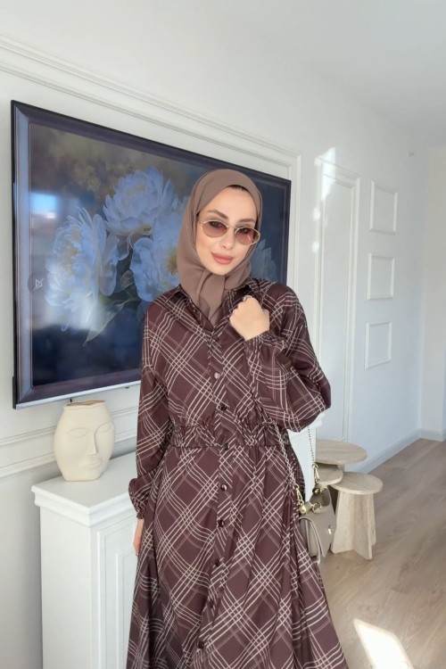 Bymn Ekoseli Elbise Kahverengi