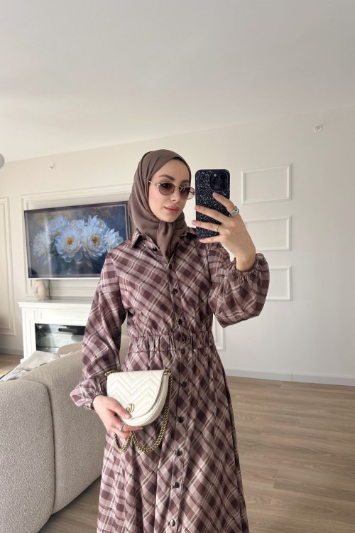 Bymn Ekoseli Elbise Sütlü Kahve