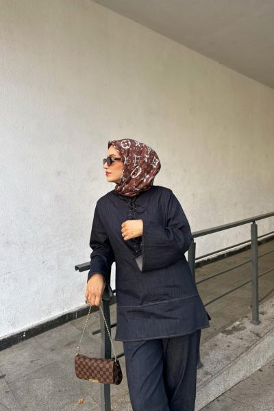 Denim Bağcık Detaylı Takım Lacivert