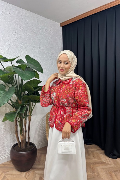 Desenli Kapitone Ceket  Kırmızı