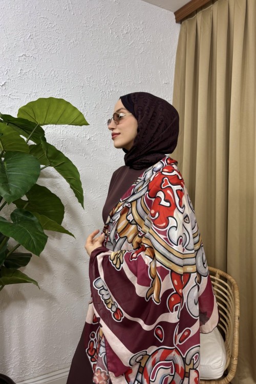 Desenli Omuz Şalı Bordo