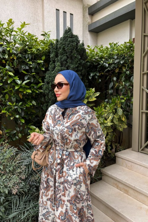 Douce Şal Desen Elbise Krem