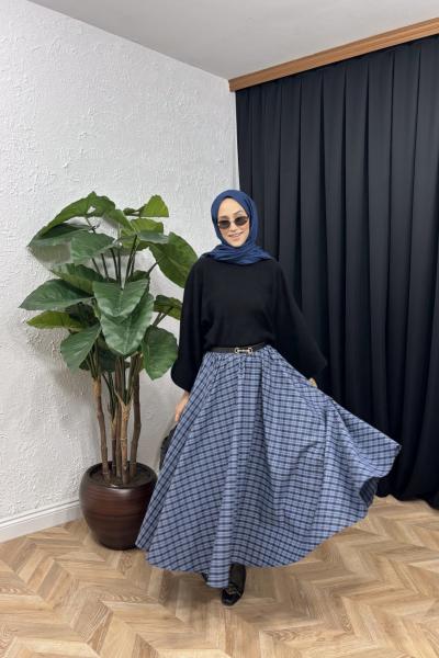 Ekoseli Etek İndigo Mavi