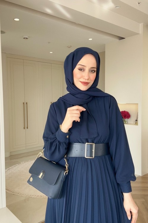 Elegant Piliseli Elbise Lacivert