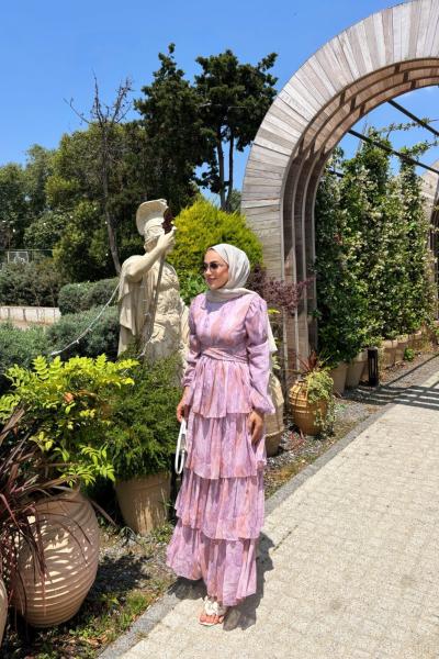 Eliora Katlı Fırfırlı Desenli Şifon Elbise Lila