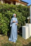 Elise Omuzdan Pileli Kemerli Saten Elbise Mavi