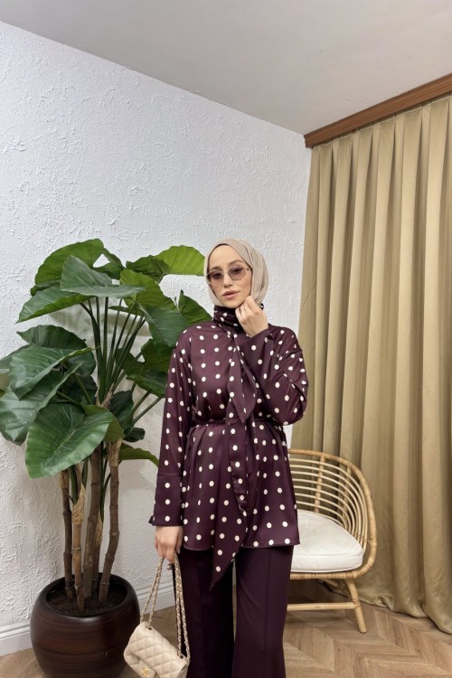 Elisse Puantiyeli Kravatlı Bluz Mürdüm