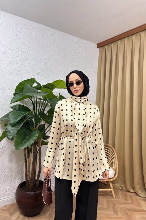 Elisse Puantiyeli Kravatlı Bluz  Krem