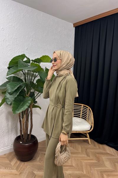 Esil Broş Detaylı Tensel Takım Yağ Yeşili
