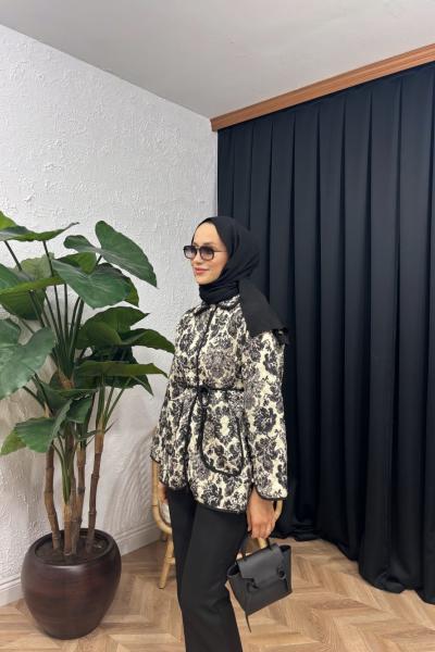 Etnik Desen Kapitone Ceket Siyah