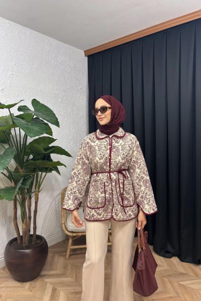 Etnik Desen Kapitone Ceket Bordo