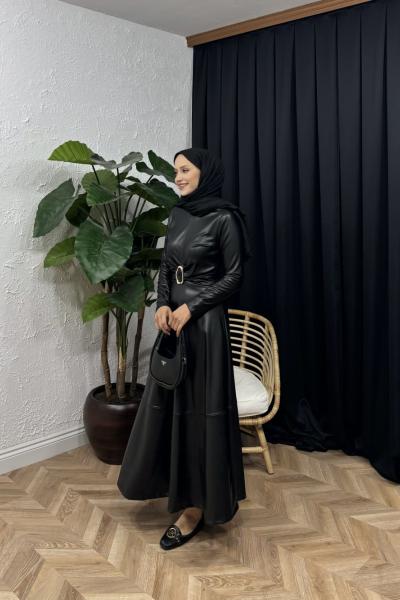 Fiore Kemerli Deri Elbise Siyah