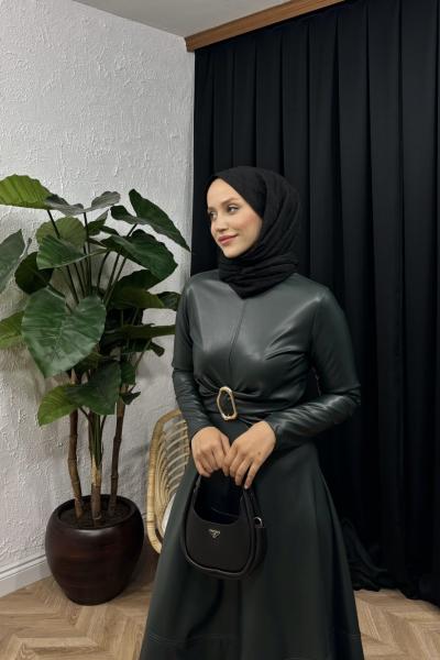 Fiore Kemerli Deri Elbise Haki