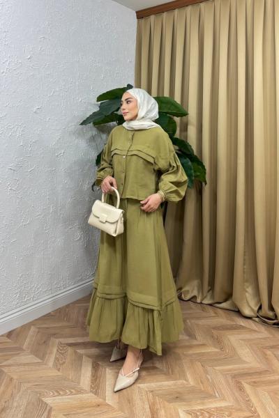 Fırfır Detay Etekli Takım Yağ Yeşili
