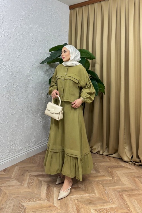 Fırfır Detay Etekli Takım Yağ Yeşili