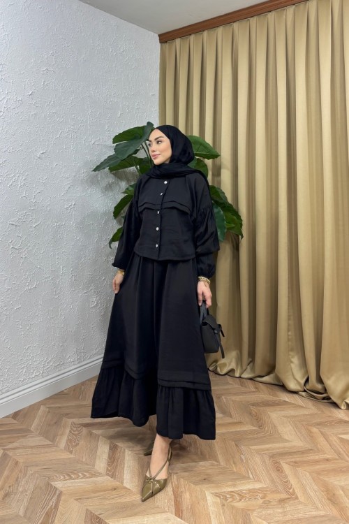 Fırfır Detay Etekli Takım Siyah