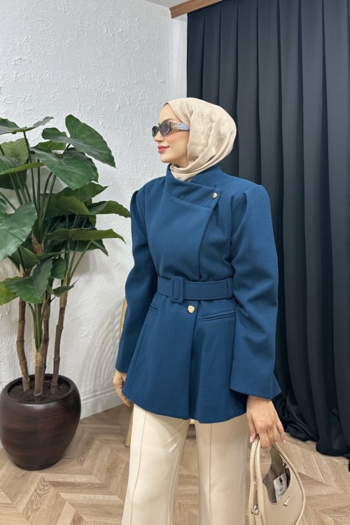 Geniş Yakalı Kaşe Ceket Petrol Mavisi