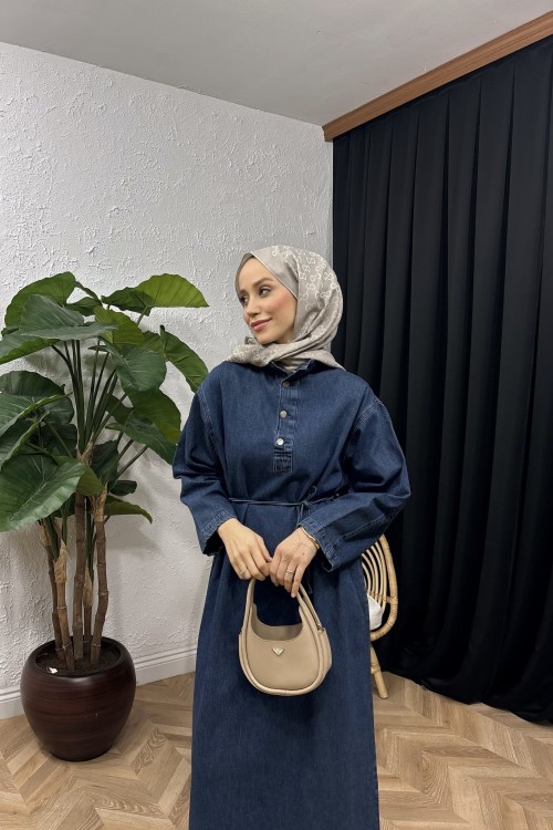 Gina Yaka Detaylı Denim Elbise  Lacivert