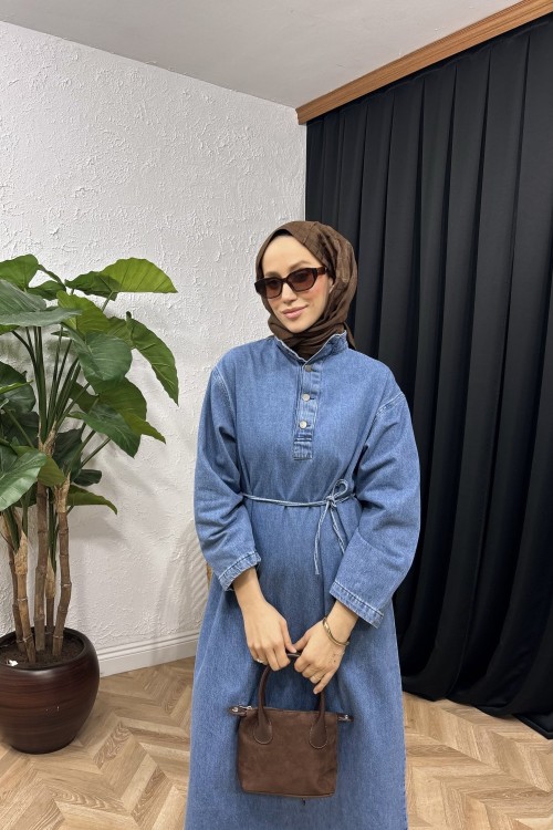 Gina Yaka Detaylı Denim Elbise Mavi