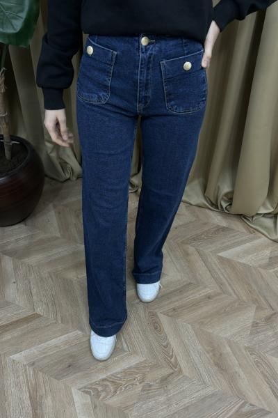 Gold Düğme Kot Pantolon Mavi