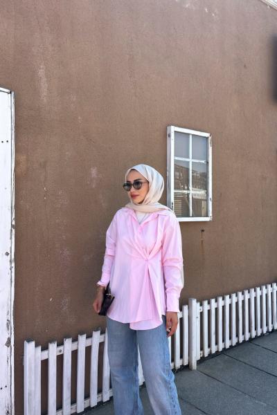 Hazel Yandan Düğme Detaylı Gömlek Pembe