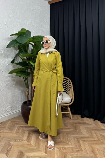 Helin Yandan Bağlamalı Elbise Yağ Yeşili