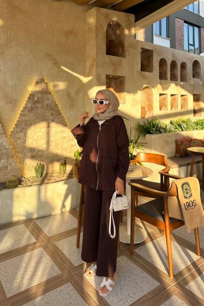 Hilla Bel Detaylı Pamuklu Takım Acı Kahve