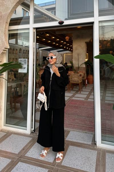 Hilla Bel Detaylı Pamuklu Takım Siyah