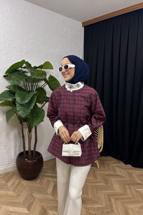 İpekyl Taşlı Gömlek Ekose Mavi