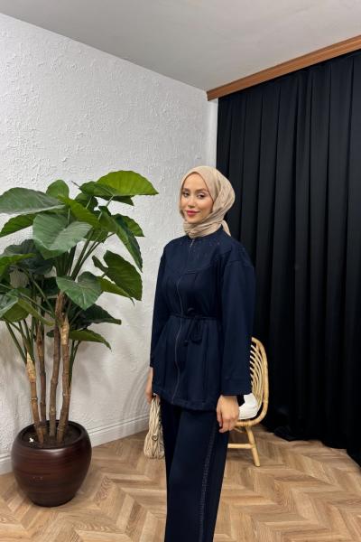 İvory Şerit Taşlı Takım  Lacivert