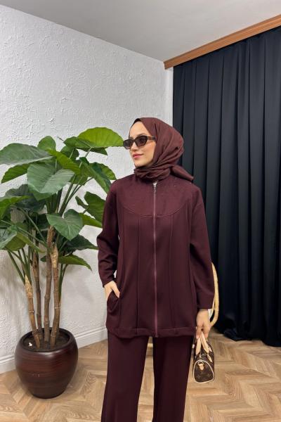 İvory Şerit Taşlı Takım  Bordo