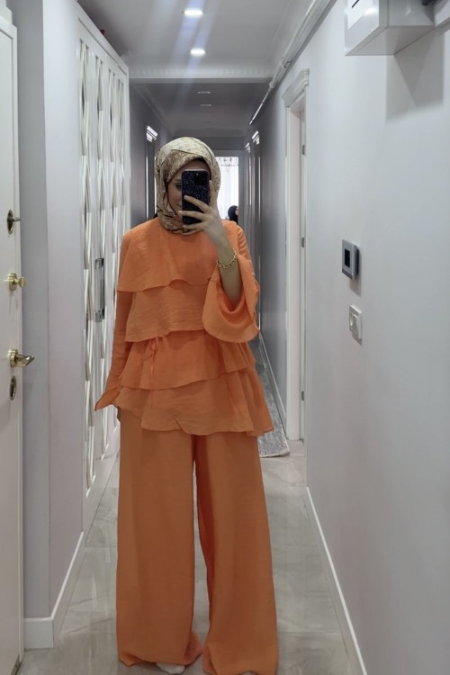 Katlı Fırfır Detaylı Takım Turuncu