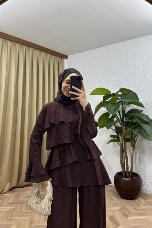 Katlı Fırfır Detaylı Takım Mürdüm