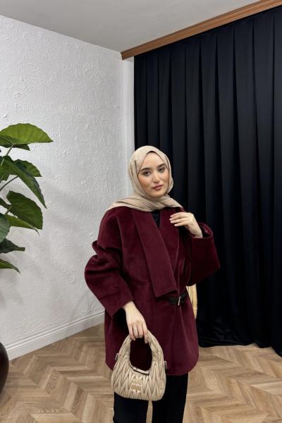 Kemer Tokalı Kaşe Kaban Bordo
